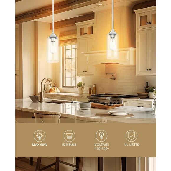 Pendant Light Fixture Brushed Nickel Clear Glass, Kitchen Dining Room Bedroom - Picture 2 of 7